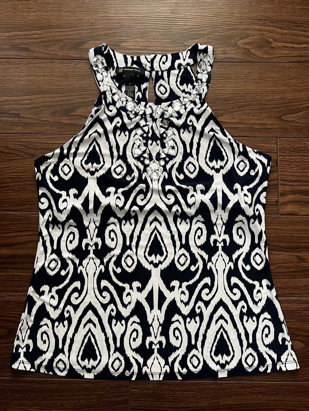 INC International Concepts Halter Top Size L Black White Medallion Beaded